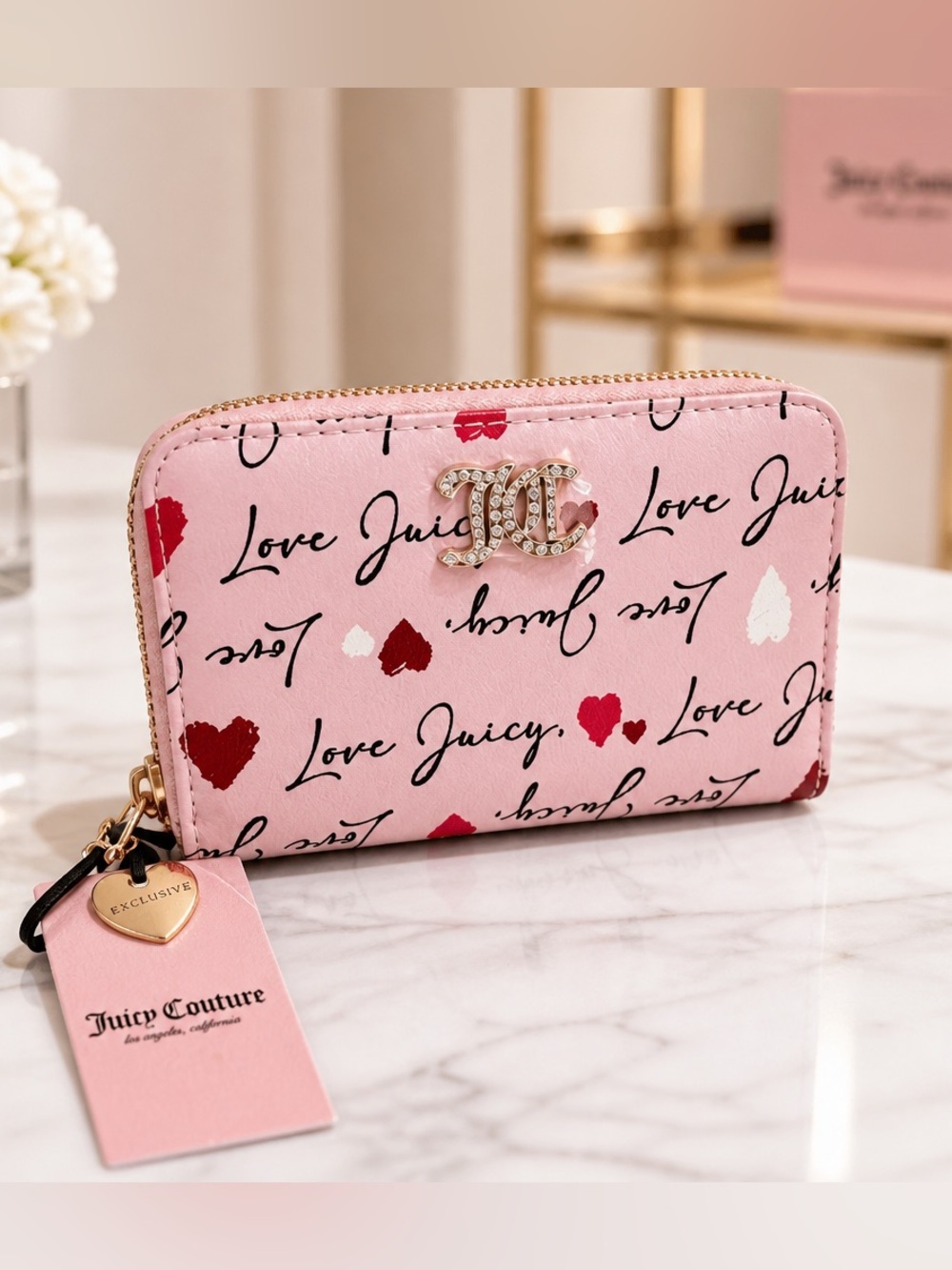 Juicy Couture Pink Heart Print Zip Wallet with Gold Logo